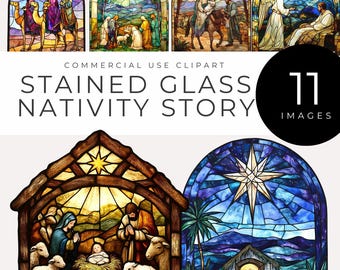Stained Glass Nativity Story Clipart INSTANT DOWNLOAD Watercolor Christian Christmas, Biblical Birth of Jesus, Crafts, Decor, Sunday School