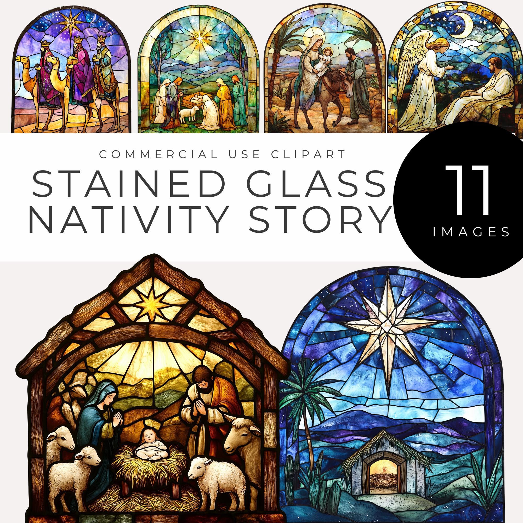 ステンドグラスのキリスト降誕物語のクリップアート 即時ダウンロード