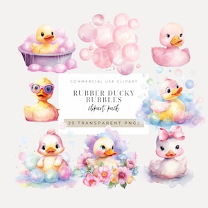 Kaczuszka gumowa w bąbelkach Clipart NATYCHMIASTOWE POBIERANIE Kąpiel bąbelkowa Zabawa z kaczuszką gumową dla niemowląt Grafika i pliki PNG na baby shower, zaproszenia na przyjęcie