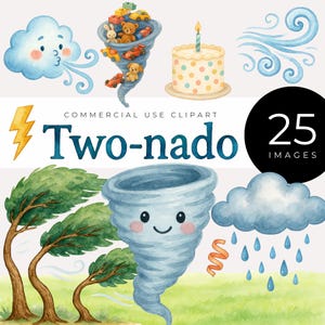 Clipart anniversaire deux nado, téléchargement immédiat, PNG aquarelle fête météo, tornade, cupcakes, nuages, arcs-en-ciel et tempête, tout-petit fête ses deux ans