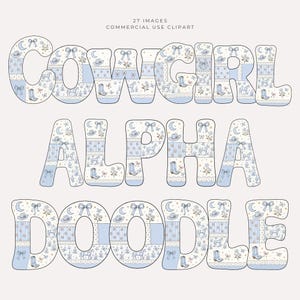 Cowgirl Doodle Alphabet Clipart, Coquette toile lettres PNG, Cottagecore Patchwork ABC, pépinière Western Baby Shower graphiques