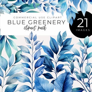Clipart de folhagens azuis - DOWNLOAD INSTANTÂNEO - Decoração inspirada na natureza, folhagens e folhas em aquarela, arte com plantas para fazer cartões, scrapbooking, convites