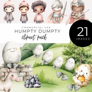 Aquarel kinderrijmpje clipart INSTANT DOWNLOAD Humpty Dumpty-personages, sprookjesscène schepper, eieren, ridders, kinderen, pony's en bomen