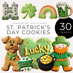 St. Patrick&#39;s Day Cookie Clipart INSTANT DOWNLOAD Leprechaun, Shamrock, Rainbow, Pot of Gold, Irish Dessert Images, Scrapbooking & Crafts