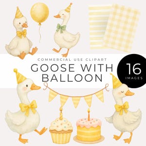 Gans met ballon clipart, instant download, gele aquarel feesteend, cupcake, banner, cake en ballon png Babyshower, verjaardag, ambacht