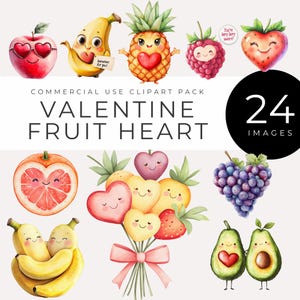 Clipart de coração de fruta de dia dos namorados, download instantâneo, frutas fofas em aquarela kawaii em forma de coração, PNG de amor digital romântico para cartões, artesanato