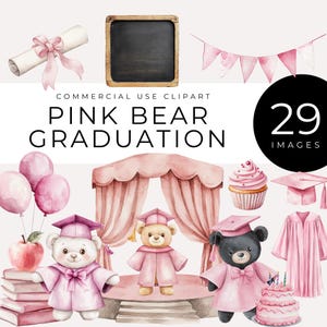 Clipart de remise des diplômes ours en peluche rose, téléchargement immédiat, remise des diplômes aquarelle, casquette et robe, diplôme, décoration de fête, célébration d'une étape importante de l'école