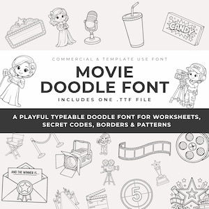 Könnte beinhalten: Schwarz-Weiß-Illustrationen zum Thema Film, darunter ein Zelt, ein Mikrofon, eine Filmrolle, eine Klappe und ein Schokoriegel. Der Text "MOVIE DOODLE FONT" wird zusammen mit dem Satz "A PLAYFUL TYPEABLE DOODLE FONT" angezeigt.