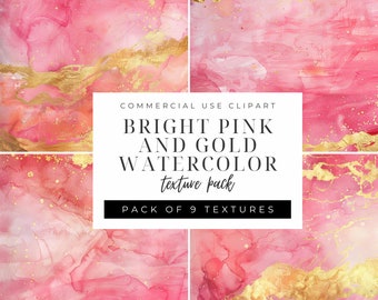 Felroze en gouden aquarel texturen en clipart INSTANT DOWNLOAD roze gouden digitale achtergronden, commercieel gebruik, hoge resolutie png