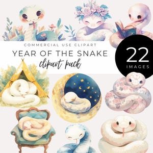 Ano da Serpente - Clipart do Zodíaco Chinês - DOWNLOAD INSTANTÂNEO - Cobra branca fofa dormindo na lua, na barraca, na cadeira, decoração de berçário, confecção de cartões