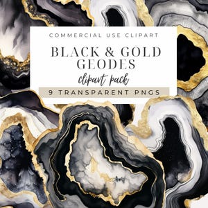 Clipart géode noir et or TÉLÉCHARGEMENT IMMÉDIAT Tranches d'agate aquarelle sophistiquées, graphiques abstraits de pierres précieuses, art minéral en tranches