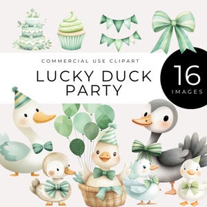 Lucky Duck Party clipart, instant download, groene eendjes met ballonnen, cupcakes, banners en cake png, lente verjaardag, gans, landbouwhuisdier