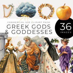 Clipart di divinità greche e dee, download immediato, mitologia PNG, divinità acquerellate vintage, immagine fantasy antica di arte digitale ellenistica