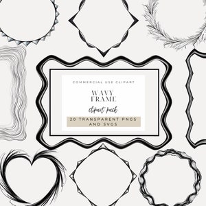 May include: A set of 20 wavy black and white frames, perfect for adding a unique touch to your designs.  The frames are available in PNG and SVG formats.  Commercial use clipart pack.