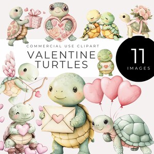 Clipart de tortuga de San Valentín, descarga instantánea, lindos gráficos de animales en acuarela, tortugas románticas de amor para álbumes de recortes, tarjetas, decoración de guardería