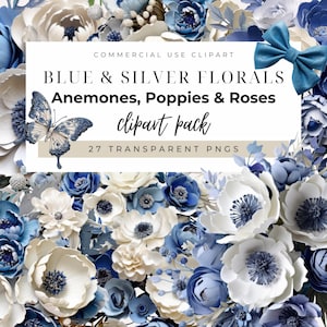 Blau & Weiße Blume Clipart INSTANT DOWNLOAD Silber Blätter, Anemones, Mohnblumen, Rosen Botanicals Hochzeit lädt ein, Brautduschen, Party Dekor