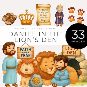 Daniele e la fossa dei leoni Clipart, Download immediato, Storie della Bibbia PNG, Grafica per bambini cristiani, Arte per la scuola domenicale, Fede contro la paura, Leoni