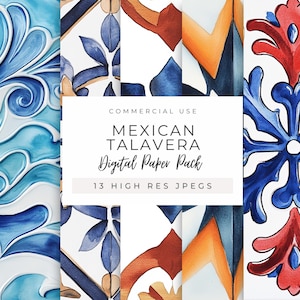 May include: A digital paper pack featuring 13 high-resolution JPEG images of Mexican Talavera tile designs. The tiles feature intricate patterns in shades of blue, white, orange, and red.