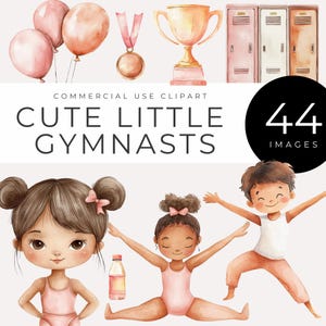 Aquarell Gymnastik, Clipart, sofortiger Download, niedliche kleine Turnerinnen, Mädchen in Aktion, Sportparty, Akrobatik-Dekor, Geburtstagsfeier lädt ein