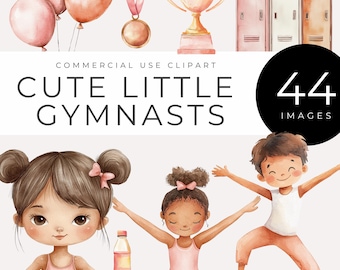 Watercolor Gymnastics Clipart Instant Download Cute Little Gymnasts, Girls in Action, Sports Party, Acrobatics Decor, Birthday Party Invites