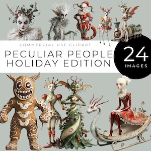 May include: A collection of 24 whimsical holiday-themed illustrations featuring unique characters with intricate details. The illustrations include a gingerbread person, a fairy, a tree, a swan, and a woman in a red dress.