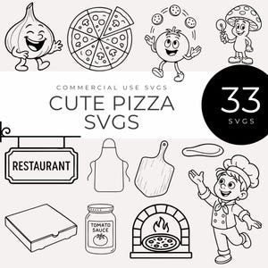 以下が含まれることがあります： ピザをテーマにした白黒イラスト。ピザ、シェフ、レストランの看板、ピザボックス、トマトソースの瓶、その他の食べ物関連のグラフィックが含まれています。「Cute Pizza SVGs」と「33 SVGs」というテキストがあります。