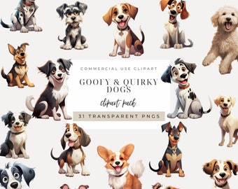 May include: A digital clipart pack of 31 goofy and quirky cartoon dogs. The dogs are in various poses and have different personalities. The clipart is perfect for adding a touch of fun to your projects.