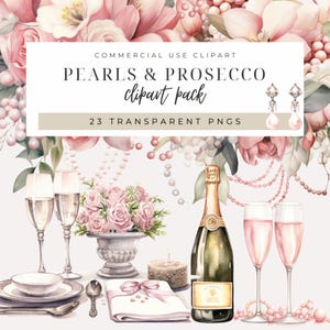 Clipart prosecco en parels INSTANT DOWNLOAD Elegante aquarel sieraden en wijnafbeeldingen, bloemenboeketten, bruidsborrels, bruiloften, decor