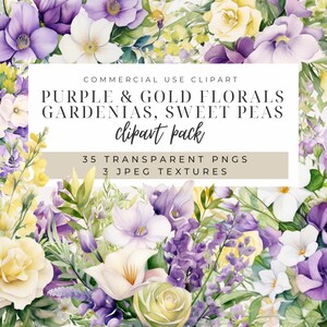 Clipart floral aquarelle violet et or TÉLÉCHARGEMENT IMMÉDIAT Gardénias, pois de senteur, images de fougères, faire-part de mariage, baby shower, décoration de chambre d'enfant