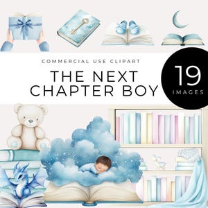 The Next Chapter-clipart, babyjongen, instant download, grillig boek, blauwe verhalenboek kinderkamerafbeeldingen, babyshower en leeshoekafbeeldingen, direct downloaden