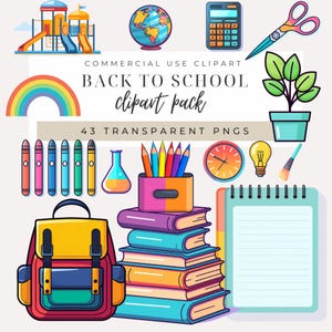 Clipart fofo de material escolar, DOWNLOAD INSTANTÂNEO, Decoração de volta às aulas e sala de aula, Imagens educacionais, Fundo transparente PNG, Uso comercial