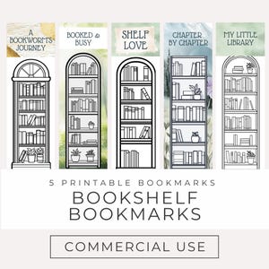 Puede incluir: Cinco marcadores imprimibles con ilustraciones en blanco y negro de estanterías con diferentes títulos. Los títulos son "A Bookworm's Journey", "Booked & Busy", "Shelf Love", "Chapter by Chapter" y "My Little Library".