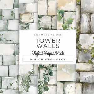 May include: A digital paper pack with 9 high-resolution JPEG images of watercolor painted stone walls with vines. The text "COMMERCIAL USE TOWER WALLS Digital Paper Pack 9 HIGH RES JPEGs" is on a white rectangle in the center of the image.