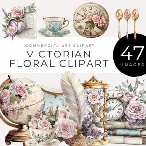 Clipart di teiere vittoriane, download immediato, tazze da tè vintage floreali ad acquerello, orologi, libri, bouquet di rose e oggetti antichi per l'artigianato