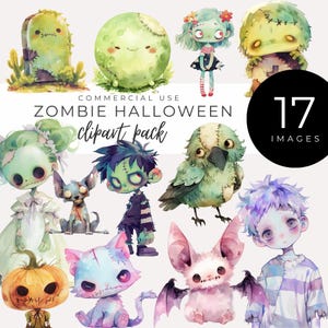 Adorable Watercolor Zombie Halloween Clipart INSTANT DOWNLOAD Cute Spooky Characters for Digital Scrapbooking, Party Invites, and DIY Crafts