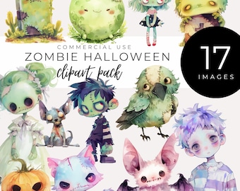 May include: A set of 17 watercolor illustrations featuring cute zombie characters for Halloween. The illustrations include a zombie moon, a zombie bird, a zombie cat, a zombie bat, a zombie pumpkin, a zombie girl, a zombie boy, a zombie dog, and a zombie tombstone.
