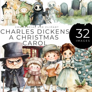 Un chant de Noël Clipart téléchargement immédiat aquarelle personnages de Charles Dickens, scènes de Noël victoriennes, Ebenezer Scrooge, Tiny Tim