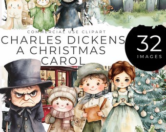 A Christmas Carol Clipart Instant Download Watercolor Charles Dickens' Characters, Victorian Christmas Scenes, Ebenezer Scrooge, Tiny Tim