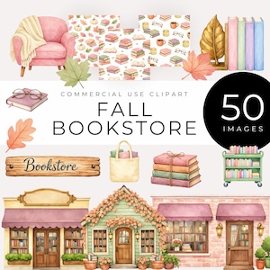 Peut inclure: Illustrations à l'aquarelle sur le thème d'une librairie d'automne. Comprend un fauteuil rose, des arrière-plans à motifs, des livres, des lunettes, une enseigne en bois, un sac fourre-tout et des bâtiments de librairie. Le texte indique "Fall Bookstore" et "50 Images".