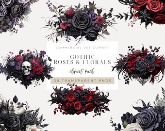 Gothic Rose Clipart INSTANT DOWNLOAD 30 Png Watercolor Gothic Floral Images, Dark Fantasy Clipart, Floral Designs, Transparent Backgrounds