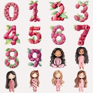 May include: Watercolor illustration of numbers 0-9 made of pink raspberries with green leaves.  There are also illustrations of four girls wearing pink pajamas with raspberry accents.