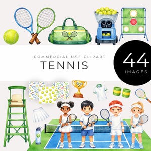May include: Watercolor illustration of tennis equipment and players. Includes tennis rackets, balls, a bag, a ball machine, a trophy, and children in tennis attire. Text reads "COMMERCIAL USE CLIPART TENNIS" and "44 IMAGES".