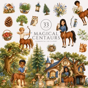 Op de afbeelding: Een digitale clipartcollectie met 33 afbeeldingen van centauren, bosdieren, bosplanten en een huisje. De tekst luidt 33 IMAGES MAGICAL CENTAURS COMMERCIAL USE CLIPART. De illustraties bevatten paddenstoelen, manden, uilen en diverse bomen.