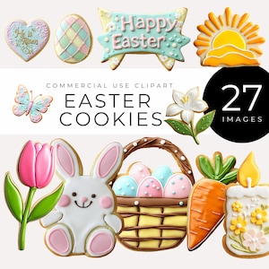 May include: A set of 27 Easter cookie designs, including a bunny, a basket of eggs, a carrot, a candle, a tulip, a butterfly, a sunrise, a heart with the text "He is Risen", a diamond-shaped cookie, and a banner that says "Happy Easter".