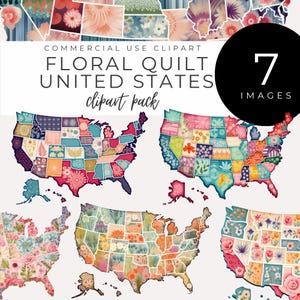 Clipart carte florale des États-Unis TÉLÉCHARGEMENT IMMÉDIAT motifs floraux et modèles bohèmes, formes géométriques, teintes pastel pour travaux manuels numériques, scrapbooking