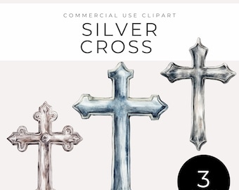 Imágenes prediseñadas de cruz de plata, descarga instantánea, elegantes cruces de acuarela PNG, SVG cristianos para bautismo, comunión, boda y decoración religiosa.