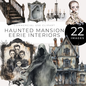 Manoir hanté Clipart téléchargement immédiat aquarelle gothique étrange décor, fantômes, poupées fantasmagoriques, miroirs maudits et éléments de maison paranormaux