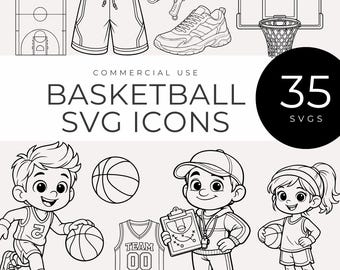 Kids Basketball SVG, Youth Sports Line Art Icons, Monoline Basketball Team, Black and White Outline Game Day & Party Designs