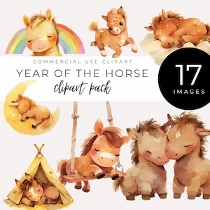 Aquarell Baby Pferd Clipart, SOFORTIGER DOWNLOAD, Jahr des Pferdes, chinesisches Sternzeichen, niedliches Pony Grafiken, Kinderzimmer- & Babyparty-Dekor, lädt ein