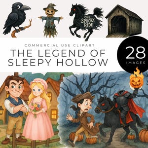 Puede incluir: Ilustraciones en acuarela con personajes y escenas de "La leyenda de Sleepy Hollow". Incluye un cuervo negro, un espantapájaros, un caballo negro con texto, un puente cubierto y otros personajes. También está presente el texto "The Legend of Sleepy Hollow".